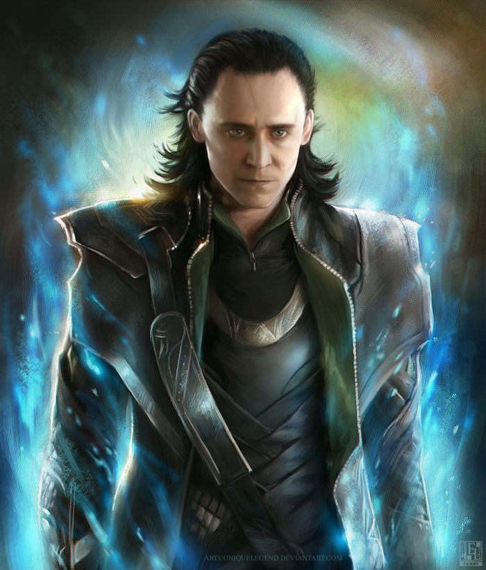 une photo de Loki de la nouvelle série Marvel avec l'acteur sur fond brillant