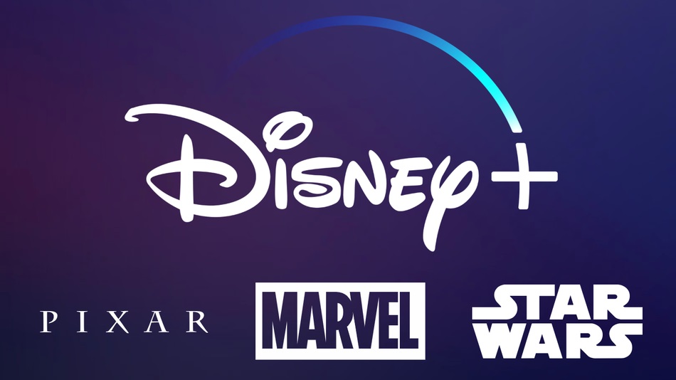Le logo de Disney Plus sur fond bleu foncé avec également les logos des franchises partenaires pixar marvel star wars