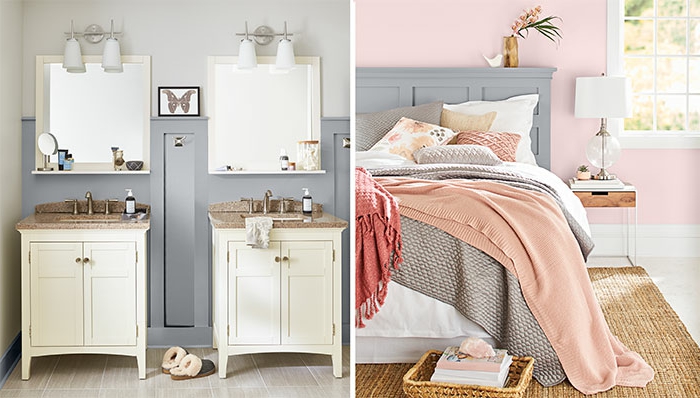 couleur pantone 2019 dans l'intérieur, salle de bain en gris et blanc et chambre en gris et rose, tapis tressé rustique, petit chevet en bois et fer
