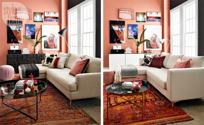 tapis ethnique dans une chambre en rose, grand sofa blanc, tableaux d'art au mur, petite table ronde