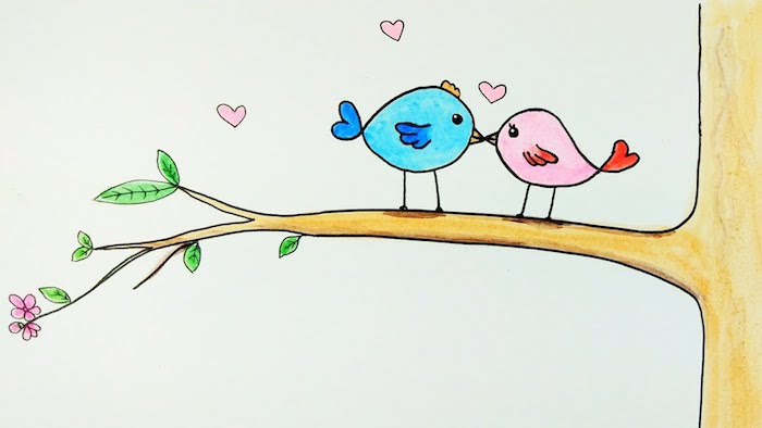 dessin d oiseaux femelle et mâle perchés sur une branche d arbre, oiseaux amoureux, coeurs rose et petites fleurs 