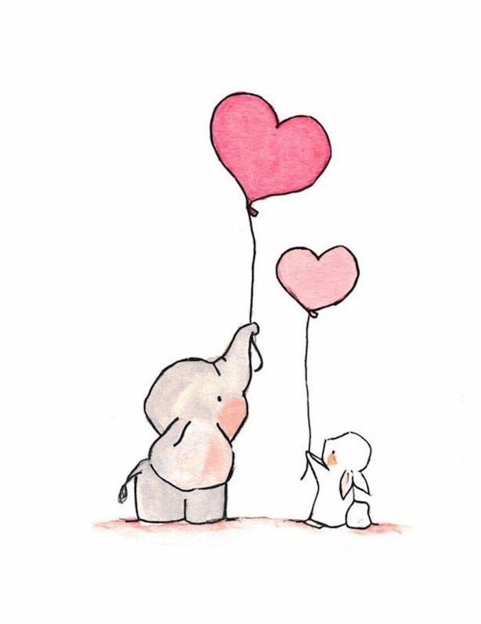 petit lapin et petit éléphant qui tiennent ballon en forme de coeur avec leurs trompes, idée de dessin animaux mignon