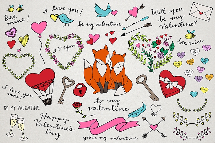 multitude de petits dessins de tailles variées sur theme amour, coeur, roses, oiseaux, renards, symboles de l amour