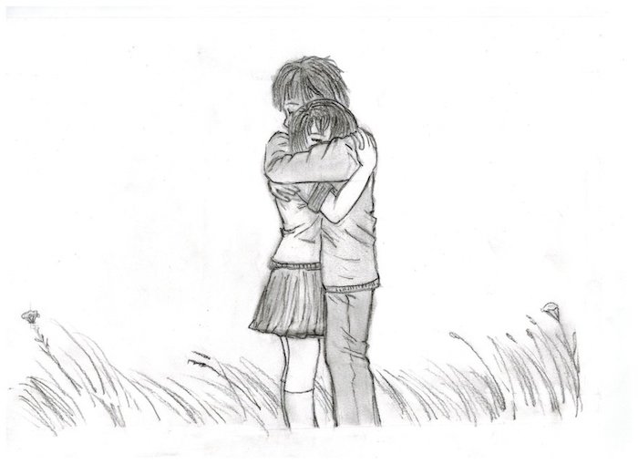câlin entre fille et garçon en noir et blanc sur fond blanc et de l herbe, dessin amour éternel original
