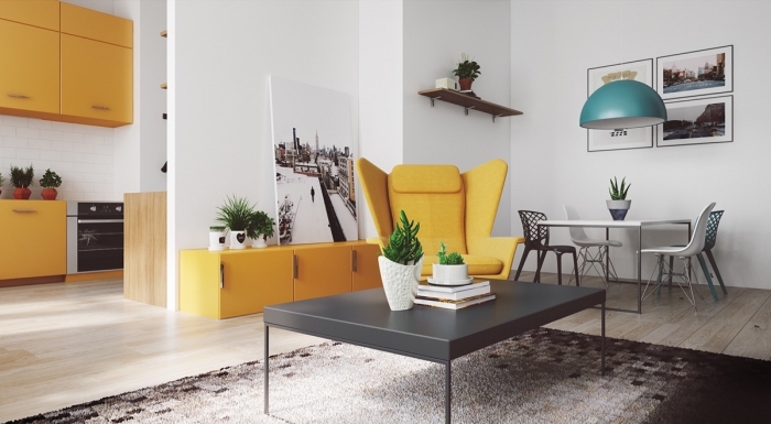 design intérieur moderne avec meubles en blanc et gris, accents jaune moutarde intérieur, fauteuil lecture jaune moutarde