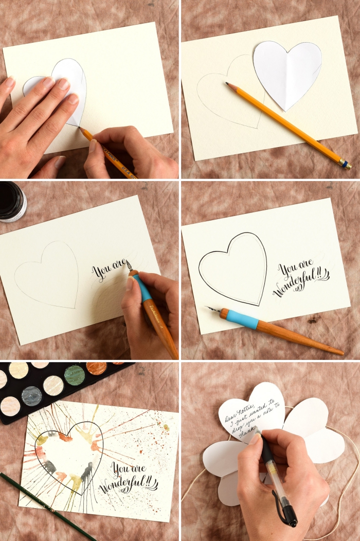 pas à pas carte scrapbooking, comment dessiner un coeur facile avec décoration à motifs aquarelle, lettres calligraphie pour carte d'amour 