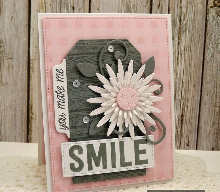 scrapbooking modele de carte d'amour, diy carte en papier scrap rose pastel avec fleurs blanches et lettres amour