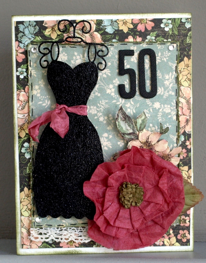 diy carte anniversaire pour femme, idée carte anniversaire 50 ans pour femme, diy carte en papier scrapooking motifs floraux
