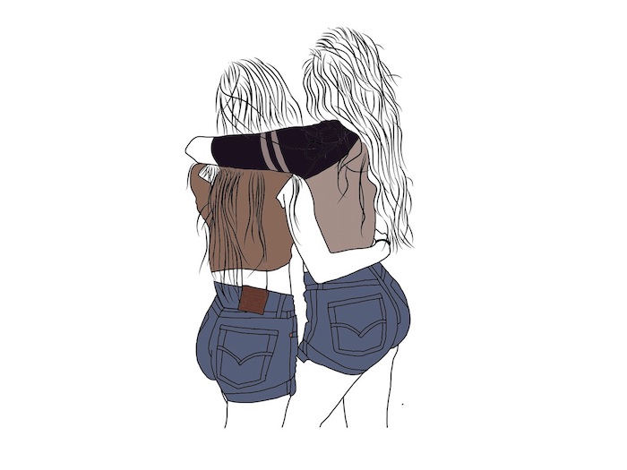 image de dos deux filles swag, photo meilleure amie, filles en tee shirts marron et jean shorts et cheveux longs