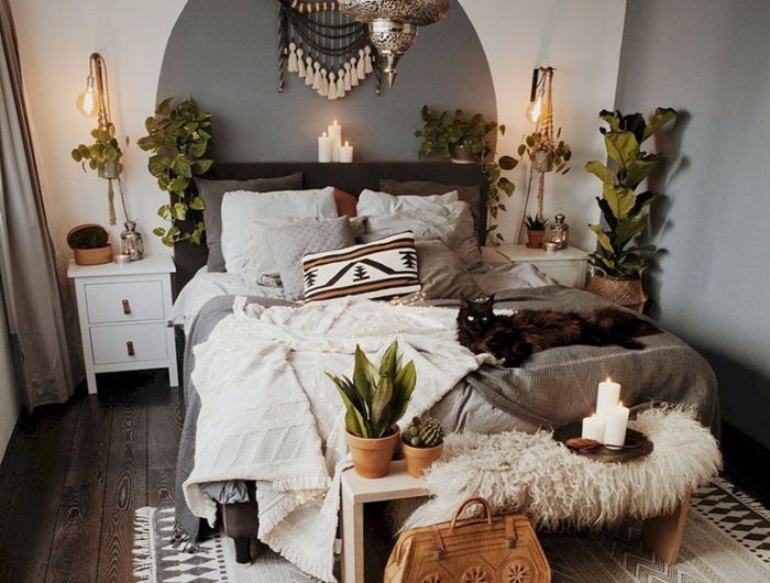 idee decoration chambre adulte de style boho moderne peinture chambre en deux couleurs gris anthracite