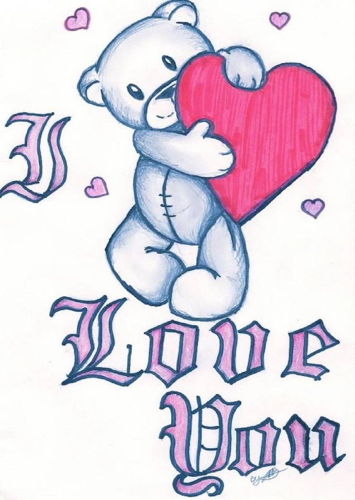 dessin graphique de petit ourson en peluche avec un coeur rouge et un texte je t aime en lettres rose sur fond blanc