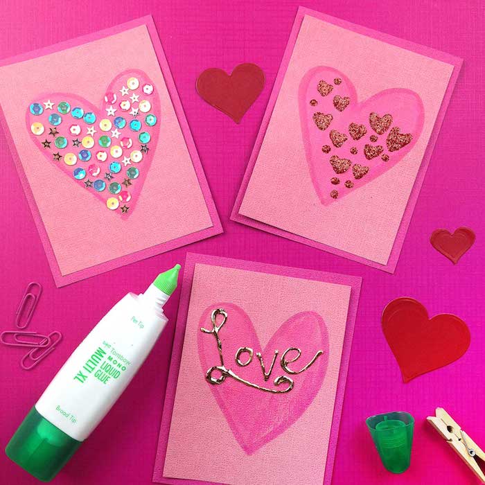 fabriquer une carte d amour en motif coeur dans papier décoré de strass et de peinture 3d, idée saint valentin comme activité manuelle maternelle