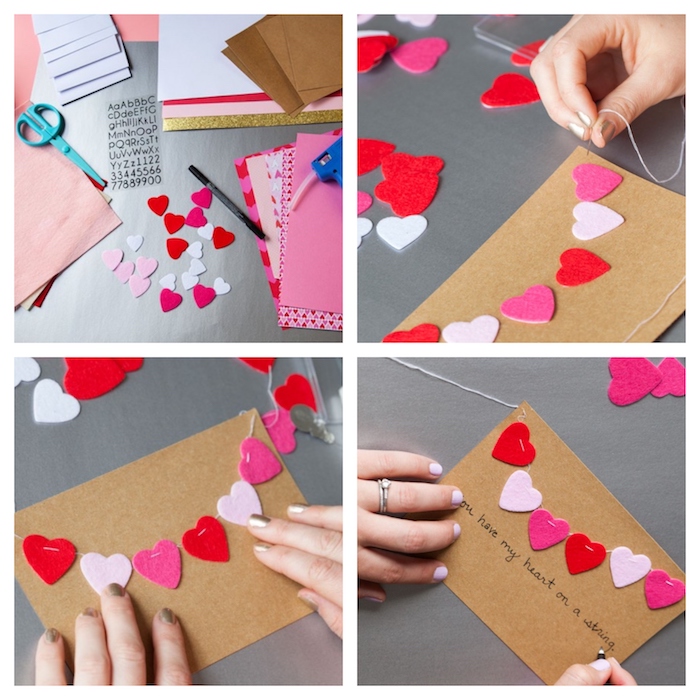 guirlande de petits coeurs en feutrine sur papier kraft, idée comment faire une carte st valentin originale