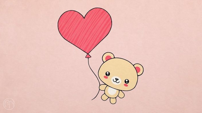dessin animaux mignon, ourson peluche avec ballon en forme de coeur sur fond rose, quel dessin pour saint valentin