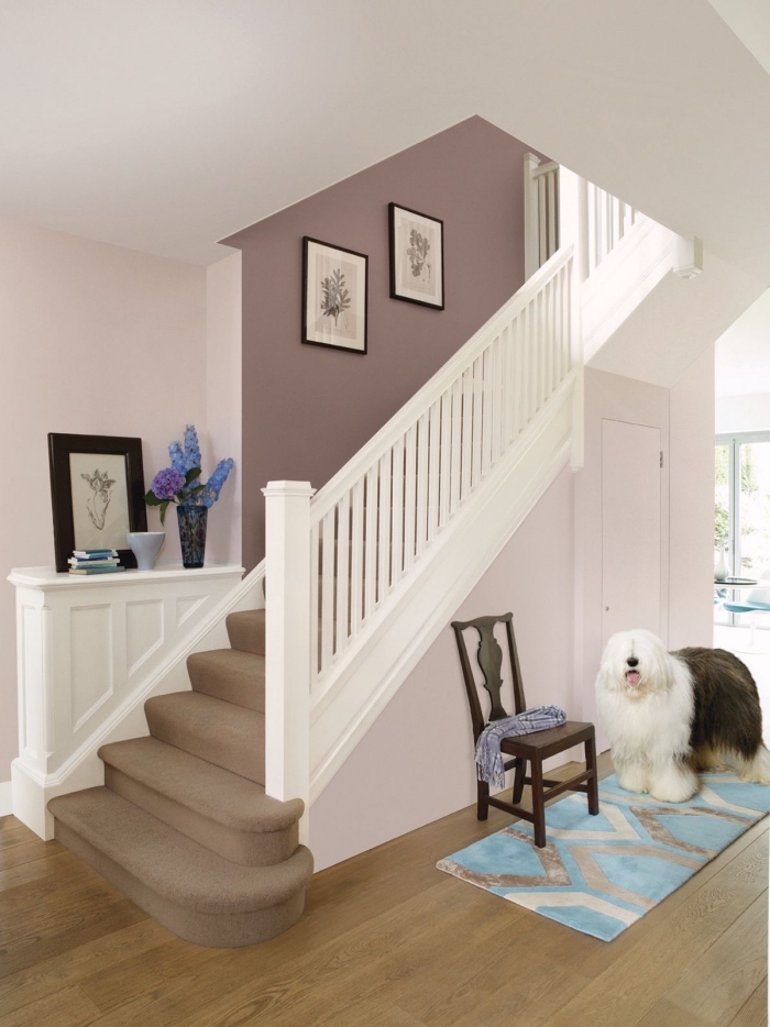 peindre une cage d'escalier en 2 couleurs de la même tonalité, peintures couleur rose pâle et vieux rose qui s'harmonisent parfaitement pour créer une ambiance douce et féminine dans le hall d'entrée