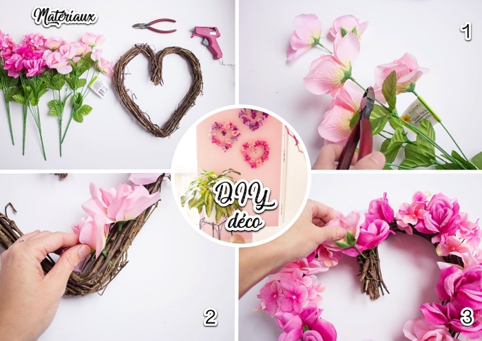 activité manuelle pour la Saint Valentin, diy décoration romantique pour l'intérieur, déco murale avec roses artificielles en forme de coeur