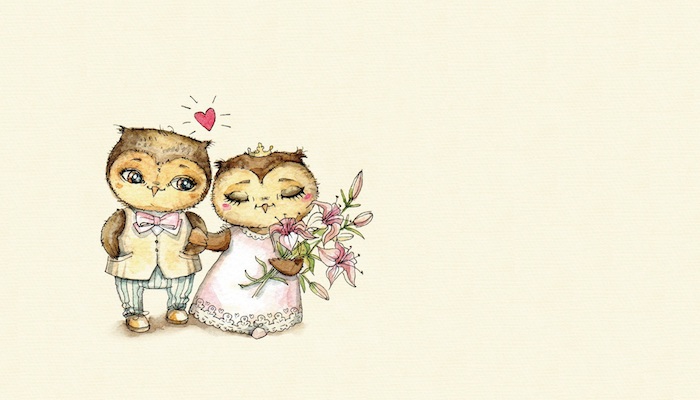 dessin animaux mignon, deux hibous sur fond jaune, male et femelle mariés en robe et costume de marié avec bouquet de fleurs