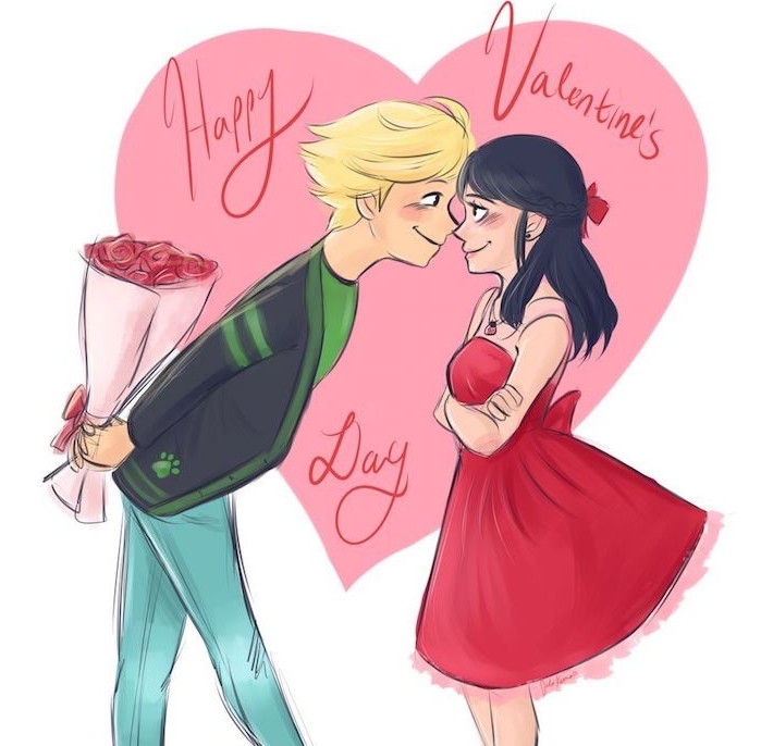 coeur rose sur le fond d un couple amoureux homme en costume et robe rouge, bouquet de roses, texte joyeuse saint valentin