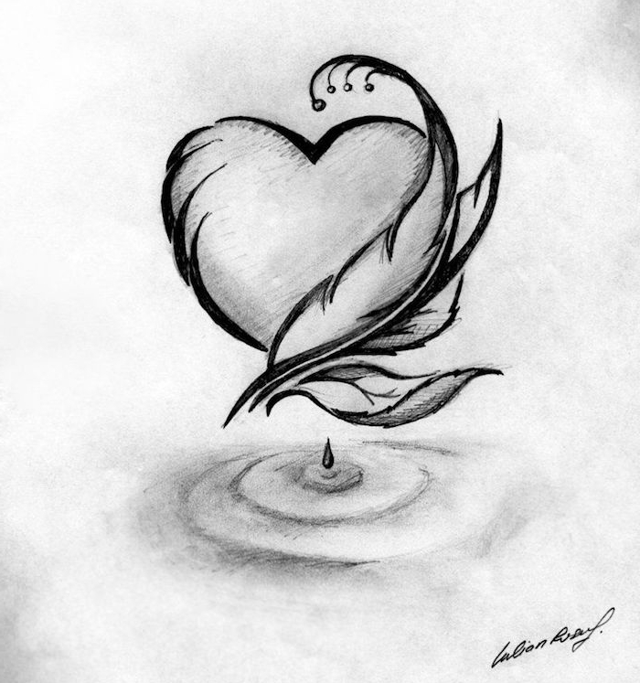 coeur graphique noir et blanc sur fond gris et une plume avec goutte d encre, idée originale amour pour l écriture