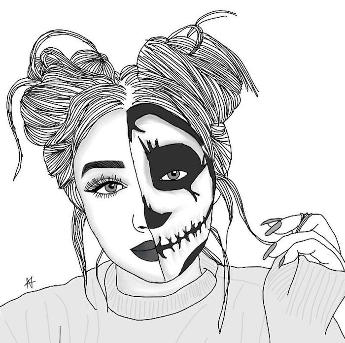 maquillage tête de mort fille aux cheveux attachés en macarons, pull gris, ongles gris, dessin noir et blanc de fille terrifiant