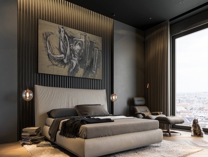 interieur moderne design chambre a coucher adulte aux murs noirs peinture foncee tendance parquet bois chambre bois et noir moderne