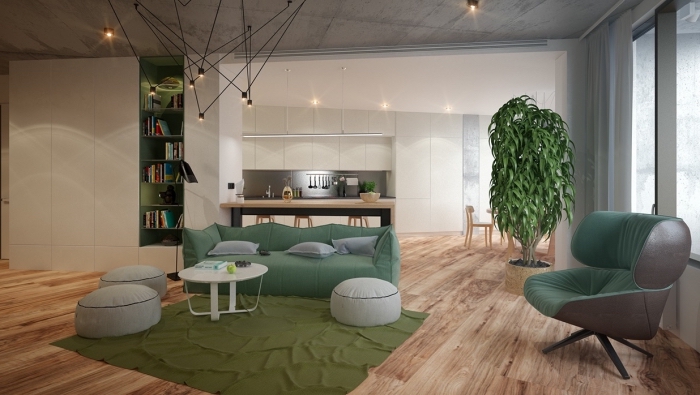 aménagement appartement de style contemporain avec plafond béton design industriel, déco avec accessoires de vert foncé