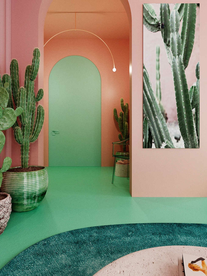 cactus géants, peinture verte au sol, peinture murale couleur saumon, tendance deco 2019