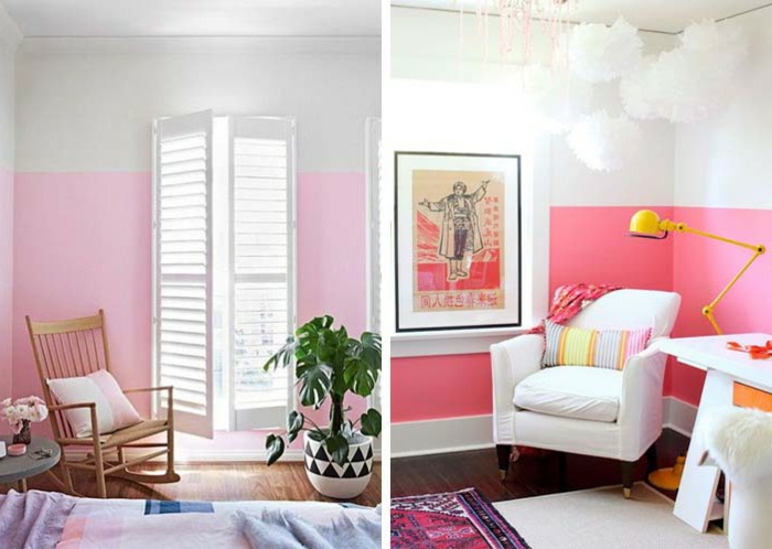 peindre une chambre en rose et blanc, chaise berçante, tapis lilas, mur rose, lampe jielde jaune