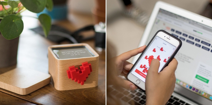 boîte à amour connectée, idée cadeau original pour 14 février, cadeau high-tech, envoyer message d'amour sur boîte en bois avec coeur