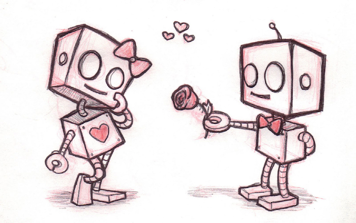image robot male qui offre une rose à une robot femelle avec noeud de papillon en tete et coeur sur le corps, dessin trop mignon