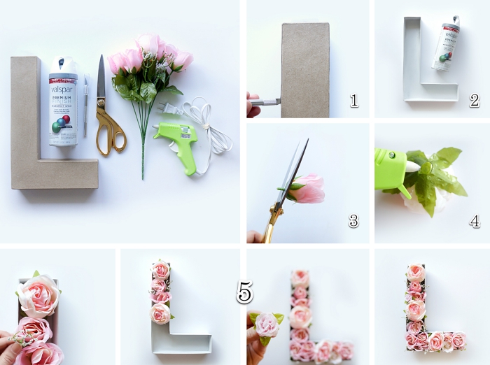 diy projet facile pour 14 février, tutoriel décoration pour la Saint Valentin, fabrication lettre en carton avec roses