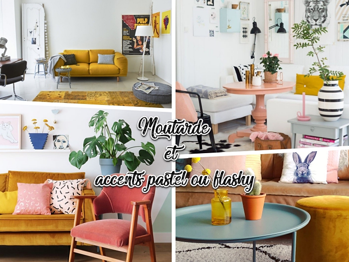 salon blanc avec canapé moutarde décoré de coussins gris clair et foncé, modèle de tapis jaune moutarde, salon avec meubles rose pastel