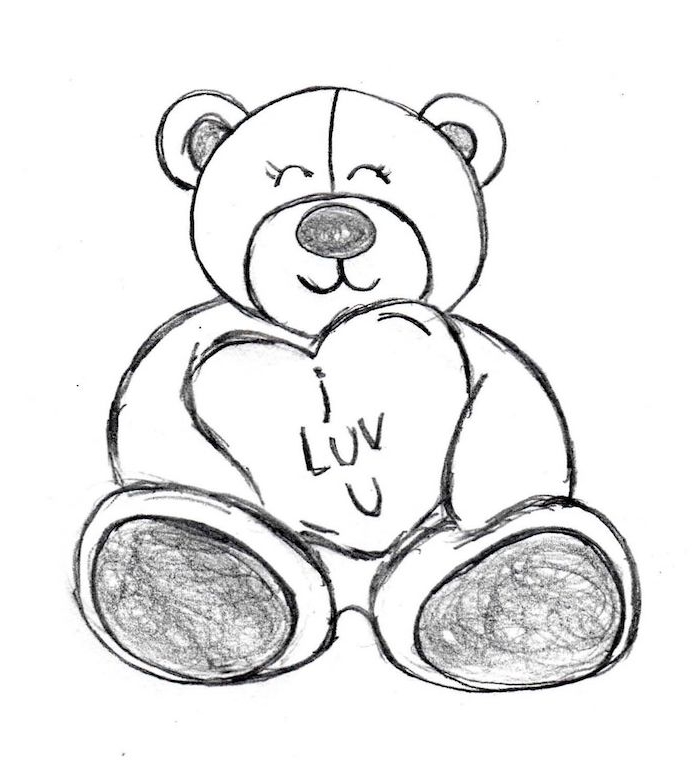 dessin graphique d ourson peluche noir et blanc qui tient un gros coeur avec des pattes graphiques, texte je t aime, image saint valentin