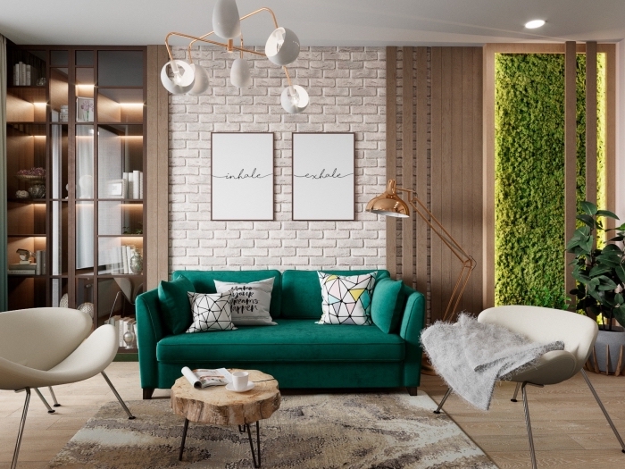 modèle de salon contemporain aux murs à imitation briques blanches, déco salon beige avec meuble de couleur vert foncé ou clair