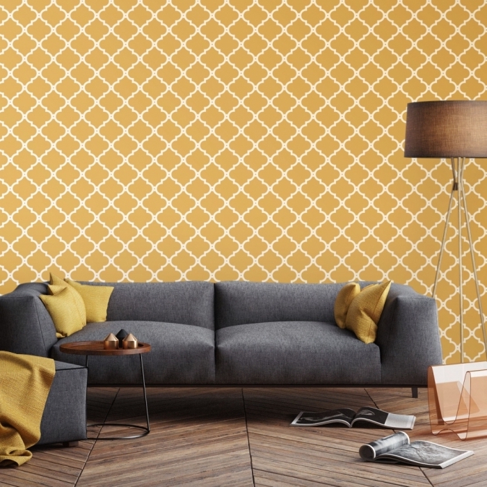 les couleurs qui vont ensemble dans un intérieur moderne, aménagement salon aux murs jaunes avec parquet de bois foncé
