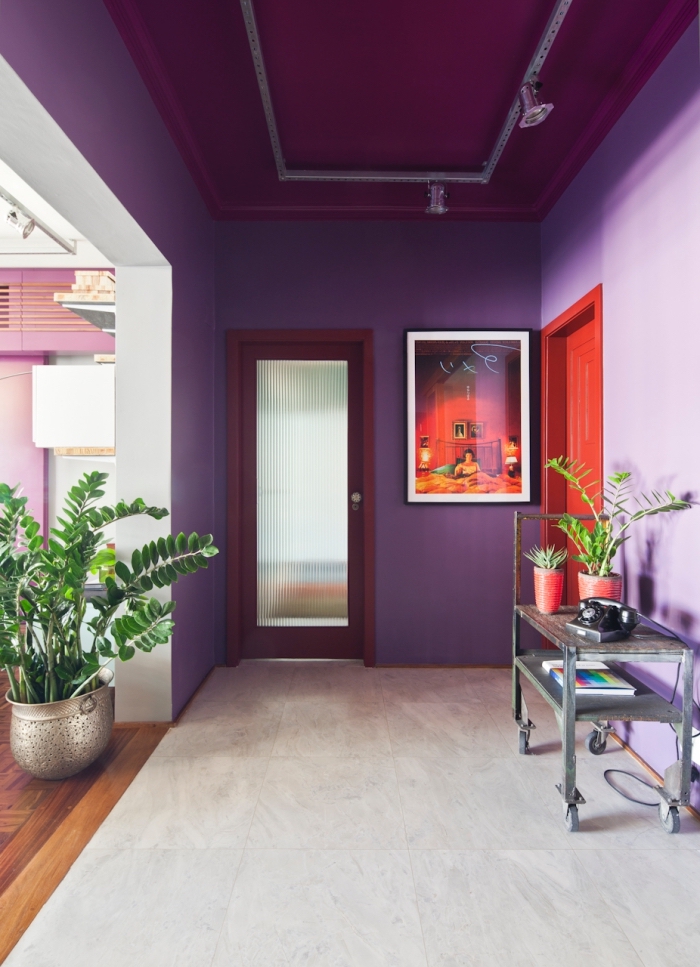 deco couloir élégante aux murs peint en violet et aux accents rouges sur les portes et les encadrement qui donne sur un salon pourpre 