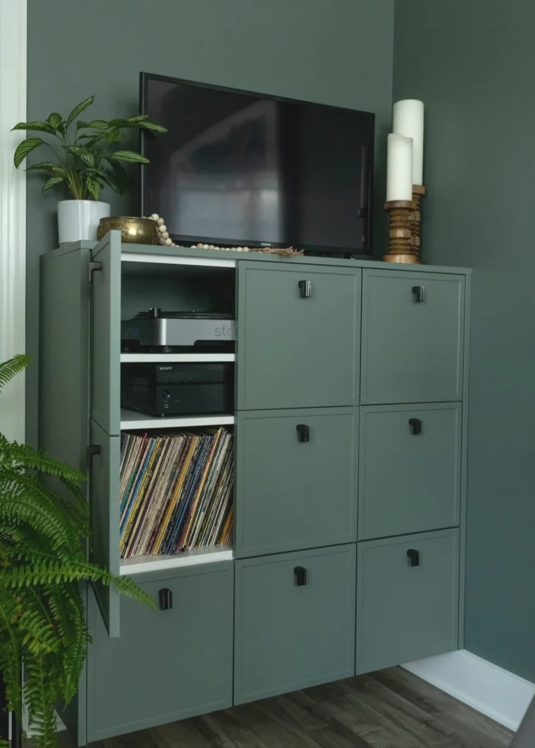 peinture murale vert fonce meuble vinyle​ rangement ferme compartiments