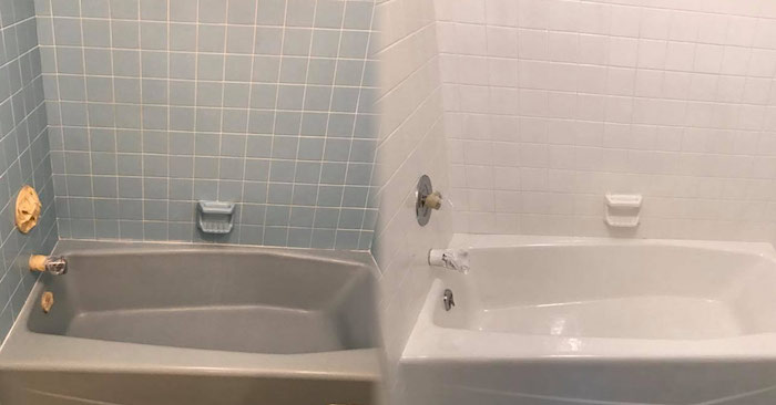 exemple photo de salle de bain avant et après rénovation et peinture pour baignoire blanche