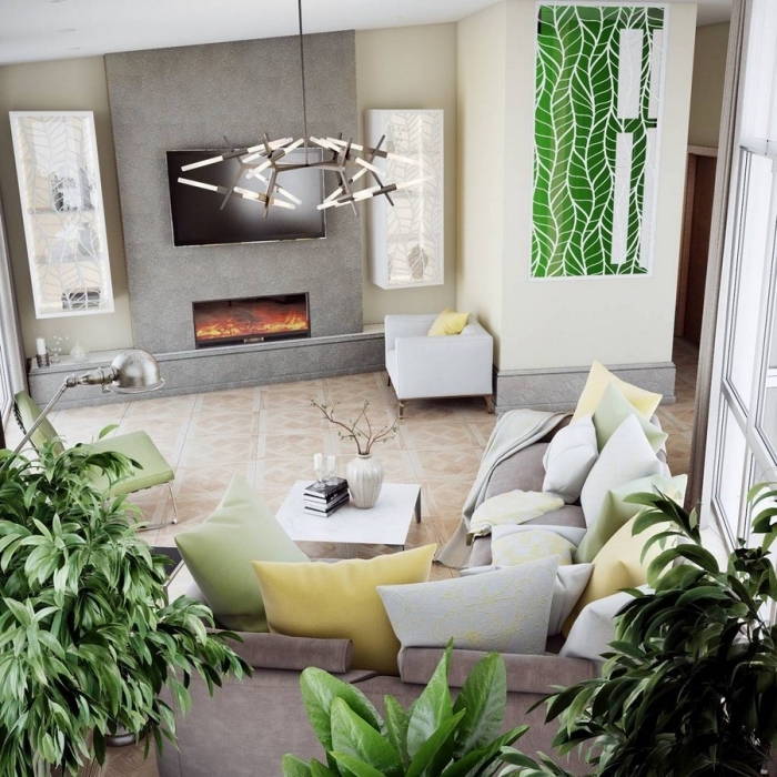 design intérieur style contemporain dans un salon beige et gris avec cheminée, modèle de canapé gris décoré avec coussins de couleurs jaune et vert pastel