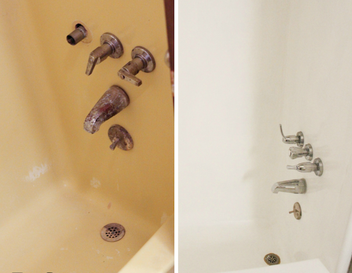 photo dune rénovation de baignoire et ses robinets avec nouvelle peinture blanche avant après