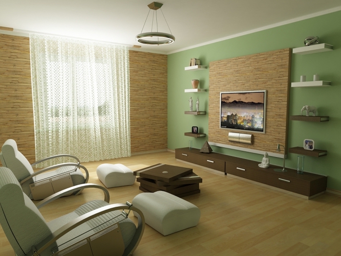 modèle de salon avec murs en bois et mur de peinture vert clair, pièce avec mur de couleur vert et parquet bois clair
