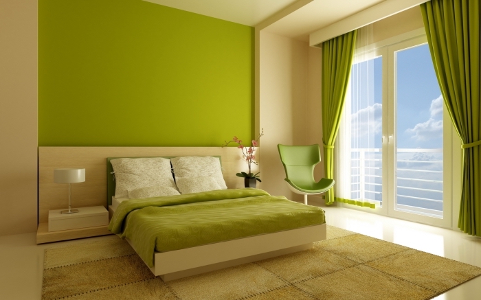 exemple de chambre à coucher beige et vert, idée peinture chambre adulte de couleur verte anis, modèle grand lit chambre parentale