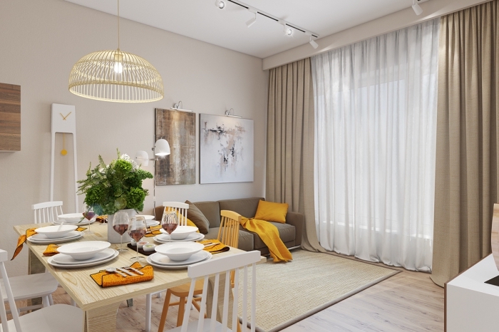 idée comment aménager un salon avec coin à manger, design intérieur moderne aux couleurs beige et bois avec objets moutarde couleur