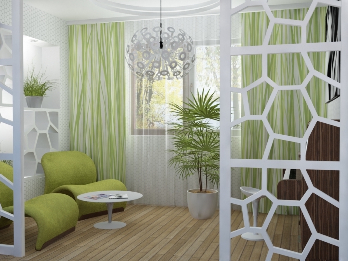 petit salon au plancher bois et murs habillés en papier peint blanc et vert, déco pièce en blanc avec objets de couleur vert amande ou vert anis
