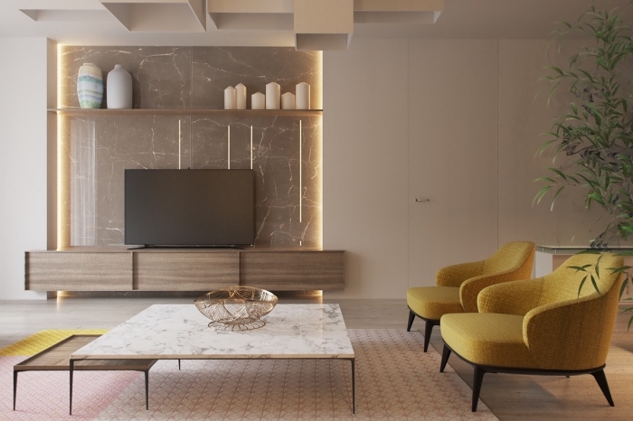 design intérieur moderne avec pan de mur marbre et table double plateau en marbre blanc et bois à finitions noir mate, idée fauteuil ou canapé jaune moutarde