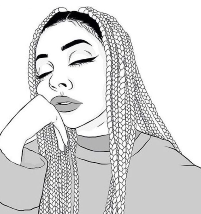dessin fille qui s endort aux cheveux tressés en tresses africaines, pull gris et traits de visage afro fille