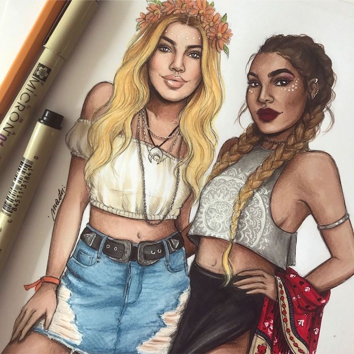 dessin en couleurs de deux femmes vêtues de style boheme chic, style coachella festival de musique, mode swag