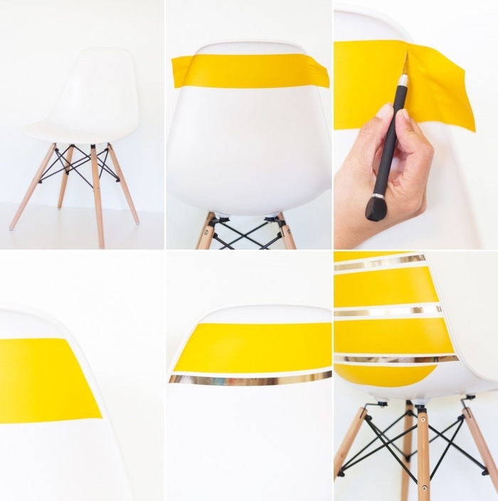 comment relooker un meuble sans peinture, chaise blanche de style scandinave à larges bandes jaunes en masking tape