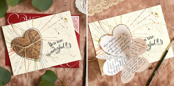 étapes à suivre pour fabriquer une carte d'amour, modèle de carte St Valentin avec coeur plié et peinture aquarelle, scrapbooking modele amour