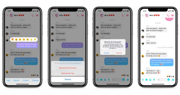 collage avec capture écran de smartphone pour illustrer la nouvelle option de suppression de messages sur Messenger